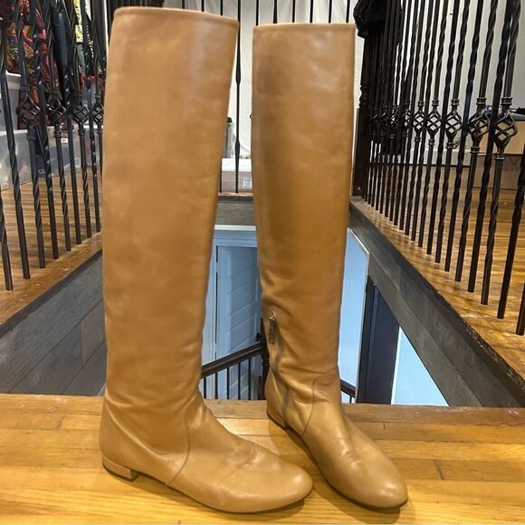 REVOLVE Prada Napa Butter Leather Tan OTK Knee High Boots Size 39.5 - Picture 2 of 12